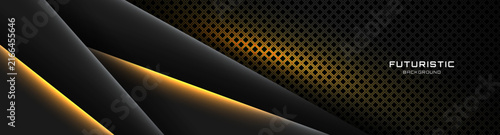 3D black yellow abstract background overlap layer in dark space with glowing shapes effect decoration. Modern graphic design element cutout style concept for web, art, flyer, card, or brochure cover