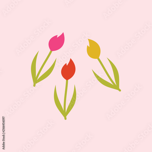 A cute set of three colorful tulip flowers in pink, red, and yellow with green leaves, isolated as a transparent illustration. Perfect for spring designs, floral patterns, and greeting cards.