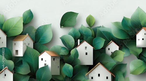 Abstract composition of houses surrounded by green leaves creating a serene and harmonious nature-inspired environment