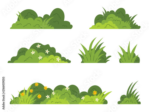 Green bushes and plant with flower collection, green grass design element