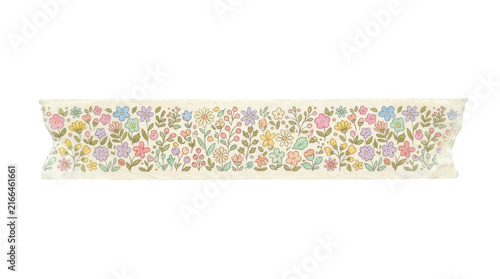 Floral washi tape strip with pastel flowers isolated on transparent background
