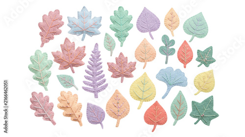 Set of colorful felt leaves isolated on transparent background
