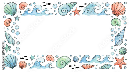 Watercolor sea life frame with shells and waves isolated on transparent background