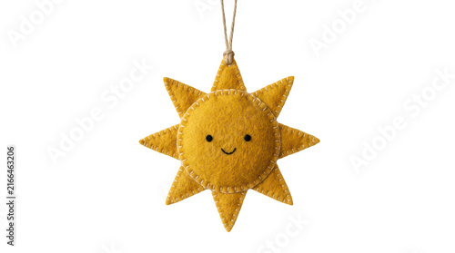 Felt sun ornament with a cute smiling face isolated on transparent background