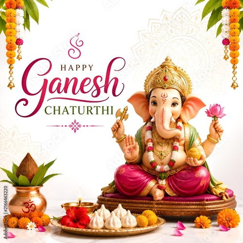 Happy ganesh chaturthi greeting card featuring lord ganesha idol modak sweets flower decorations hindu festival religious holiday ganpati festival
