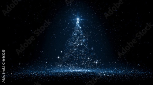 A Christmas tree formed from glowing blue particles against a dark background, with a bright star at its apex