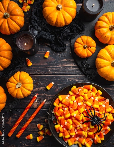 Overhead Flat Lay of Halloween Decorations and Candy