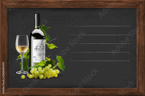 Glass bottle, transparent glass with white  wine and a bunch of grapes  in the wooden frame. High detailed realistic illustration.