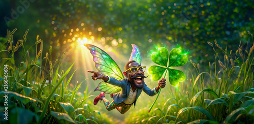 happy man with fairy wings  is flying through tall green grass. he holds a large, oversized four-leaf clover 