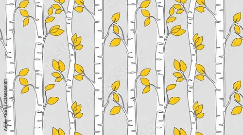 Minimalist birch tree line art seamless pattern background with yellow leaves