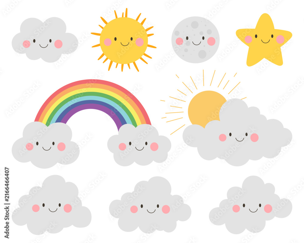 Fototapeta premium Cute weather icons with smiling faces including sun moon clouds rainbow and stars on white background
