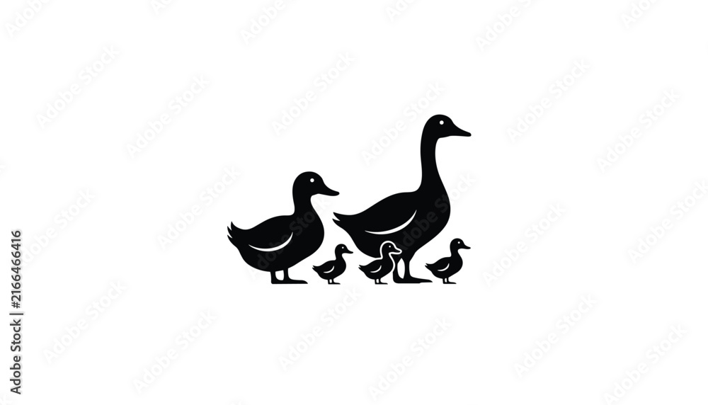 Fototapeta premium Silhouette illustration of a duck family including a mother and ducklings for nature, farm, and animal-themed graphic design projects.