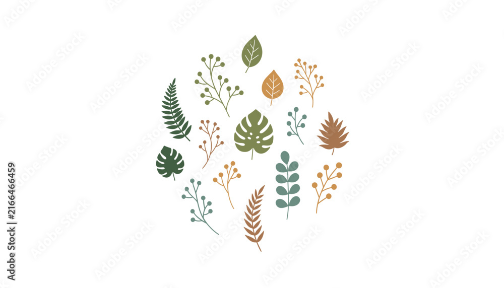 Obraz premium Collection of various hand-drawn forest leaves, twigs, and berries for autumn and nature-themed decorative design projects and art.
