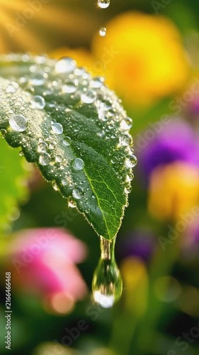 Water drops falling on a fresh green leaf in a bright garden with a blurred floral background