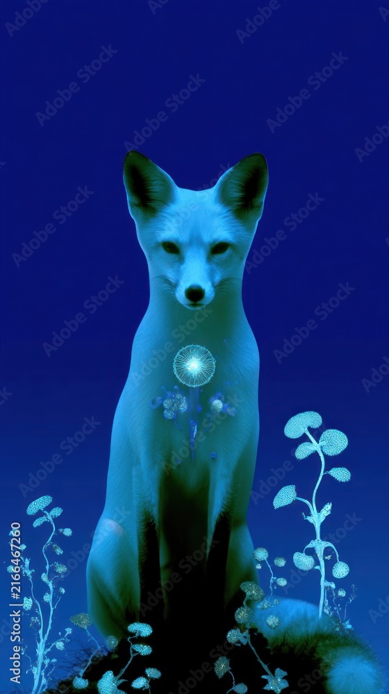 Naklejka premium Surreal blue fox with glowing plants, perfect for mobile wallpaper.