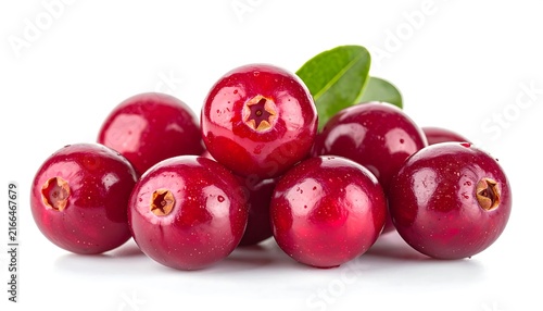 Fresh red cherries with green stems on white background.
