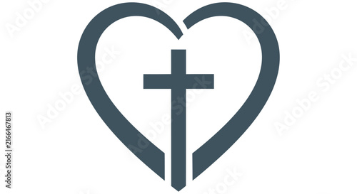 Фотография Heart shaped Silhouette With Christian Cross Dark Blue On White Background