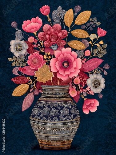 Colorful floral arrangement in decorative vase with intricate folk art pattern