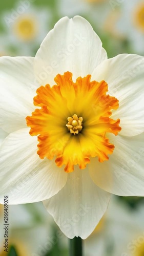 White and orange narcissus flower blooming and closing in a seamless botanical breathing loop