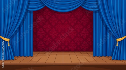 Empty Theater Stage Background with Open Blue Curtains and Wooden Floor