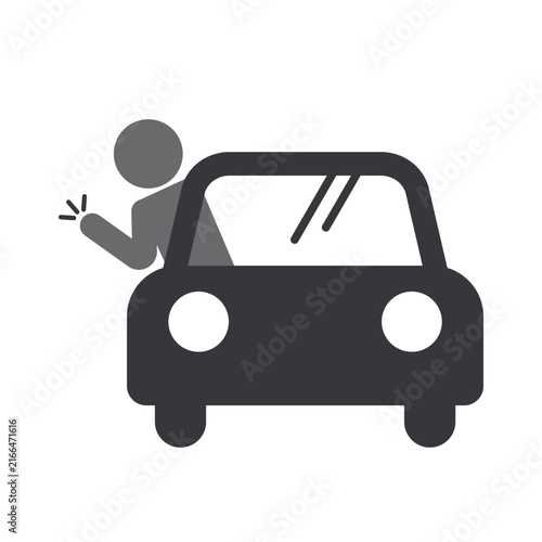 Isolated pictogram showing person leaning outside car window, warning against dangerous behavior and preventing vehicle accidents.