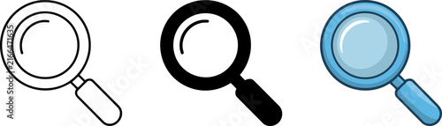 Magnifying glass variations outline solid color and cartoon style on white background.