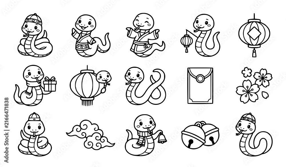 Fototapeta premium Cute Cartoon New Year Snakes in Traditional Attire, Black Outline Vector Character Set