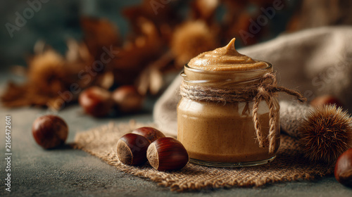 Homemade chestnut spread in small glass jar showing smooth creamy texture with rustic autumn styling on blurred background