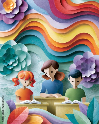 Teacher and children reading books in colorful layered paper cut classroom