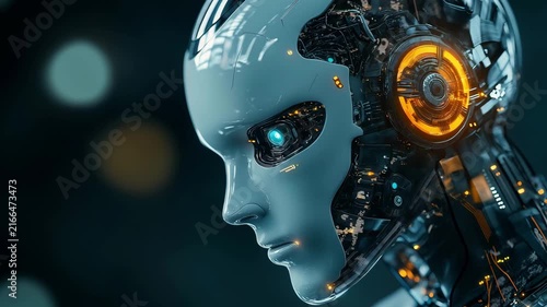 A close up of a robot head displaying intricate circuitry and glowing elements that highlight its artificial intelligence design