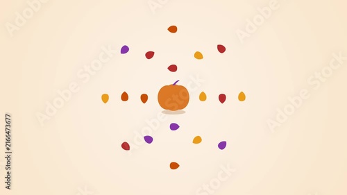 Pumpkin Centered with Rotating Autumn Leaves in Flat Vector Style
