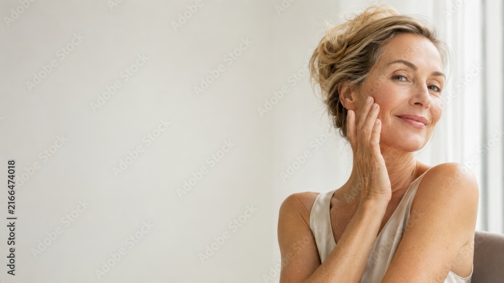 Naklejka premium Confident middle aged woman touching her face with gentle smile and natural makeup indoors