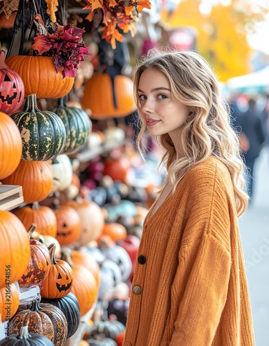 Young Woman Wearing Orange Cardigan Amongst Autumn Decorations