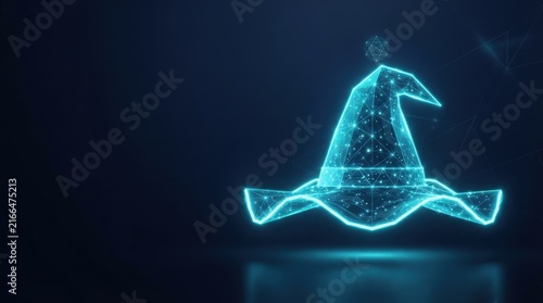 Glowing blue wireframe sorcerer hologram against dark background showcases futuristic AI digital art perfect for tech, innovation, and science visuals.