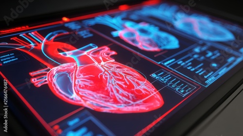 High-tech digital illustration of human heart anatomy displayed on a futuristic screen with vibrant colors and detailed cardiovascular data visualization elements.