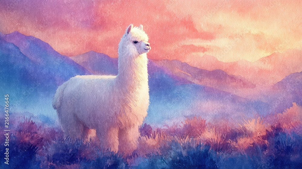 Naklejka premium Serene Alpaca in Dreamy Landscape with Colorful Sunset Hues