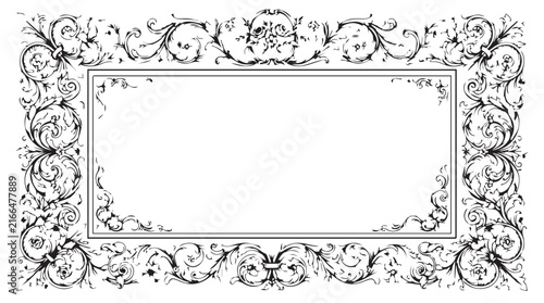 Ornate black and white decorative frame with intricate floral border suitable for design projects.