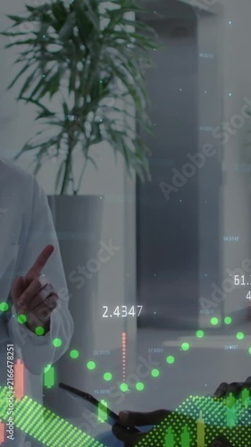 Animation of multiple graphs with changing numbers over diverse coworkers discussing in hospital