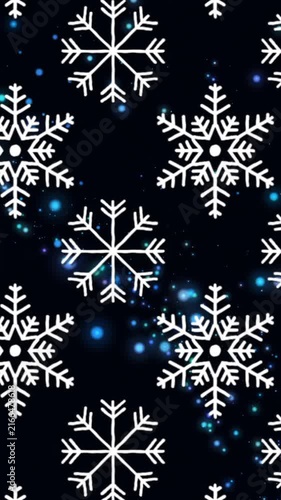 Animation of snowflakes moving over black background with blue lights