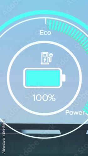 Animation of battery level over timelapse with cars on blue background