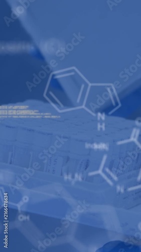 Animation of data processing and chemical formula over scientist in lab