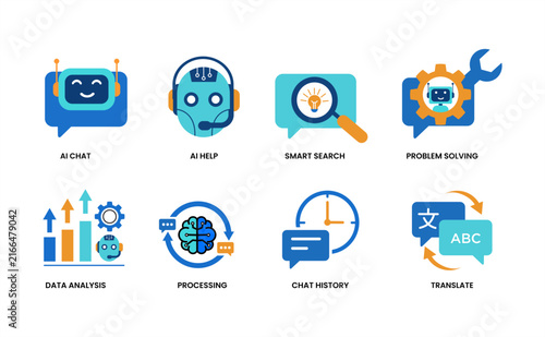 AI Technology Icon Design Vector Set for Artificial Intelligence, Chat, Smart Search, Data Analysis, Translation, Processing and Problem Solving