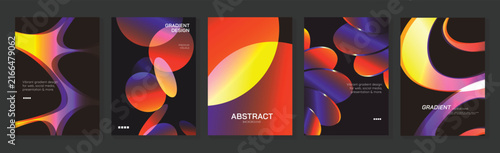 Abstract gradient poster templates set. Vector colorful covers with glowing organic shapes, fluid curves and vibrant orange purple yellow forms on dark backgrounds for modern graphic design.