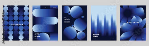 Abstract gradient poster templates set. Vector blue geometric covers with blurred light effects, modern grid layouts and futuristic shapes for flyer, brochure and presentation design.