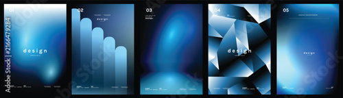 Abstract gradient poster templates set. Vector blue geometric covers with blurred light effects, modern grid layouts and futuristic shapes for flyer, brochure and presentation design.
