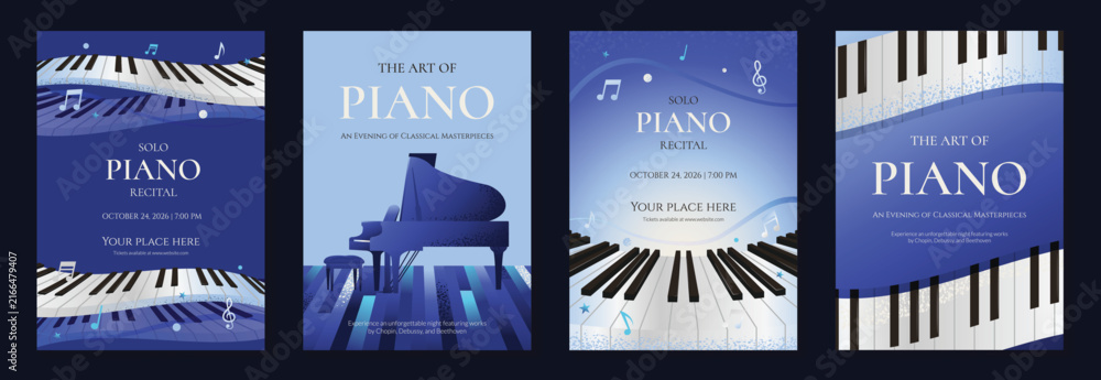 Naklejka premium Piano recital posters set. Vector music event templates with grand piano, piano keys, musical notes and elegant blue layouts for concert, recital and performance promotion.