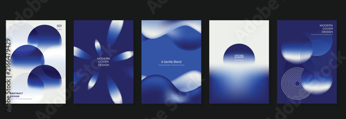 Abstract gradient poster templates set. Vector blue geometric covers with blurred light effects, modern grid layouts and futuristic shapes for flyer, brochure and presentation design.