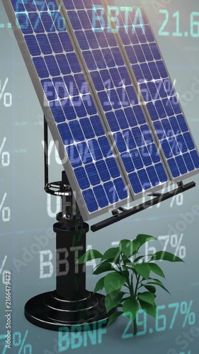 Animation of stock market data processing over solar panel and plant sampling on blue background
