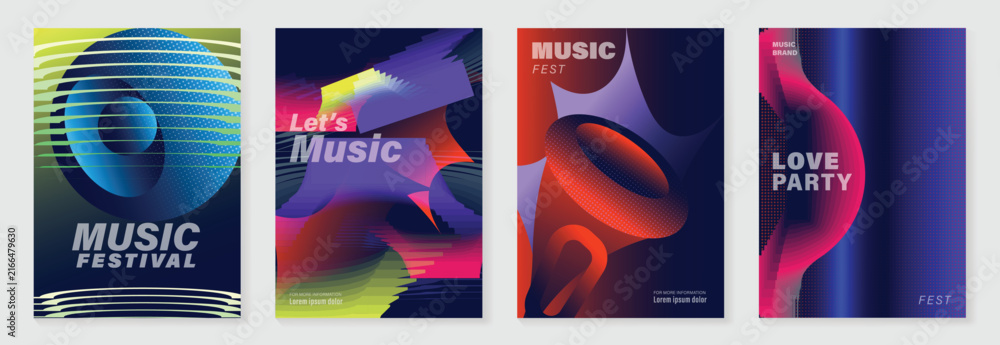 Fototapeta premium Music festival posters set. Vector abstract event templates with colorful gradient shapes, modern geometric forms and vibrant layouts for concert, party, club and music promotion.