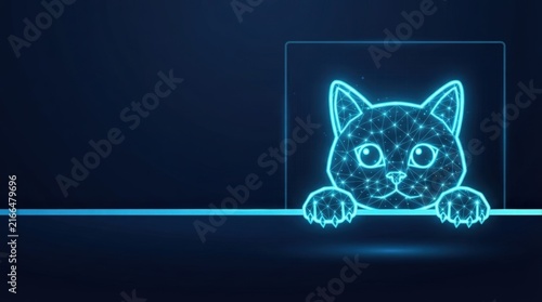 Glowing blue wireframe cat hologram on dark tech background perfect for AI, machine learning, and futuristic digital science projects showcasing innovation.